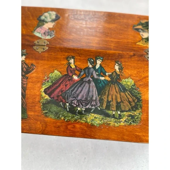 Vintage Wooden Hinged Lidded Box with Victorian Women Dancing Decoupage - Picture 2 of 12